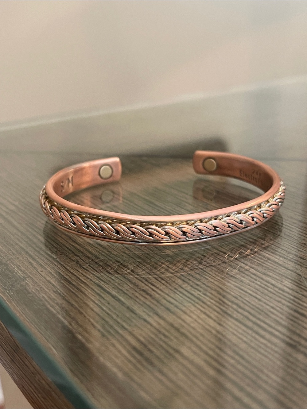 Vintage Style Magnetic Copper Cuff Braided Detail S/M